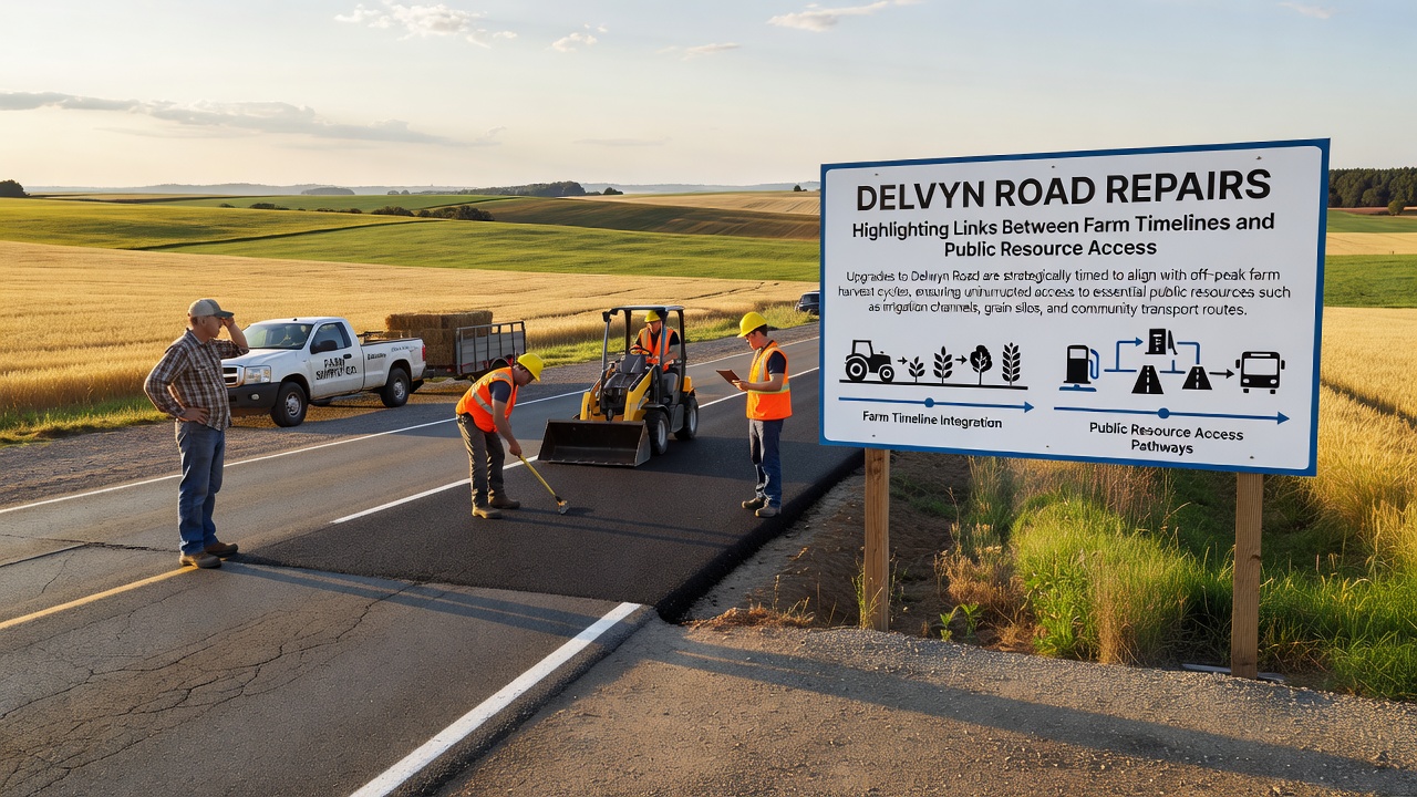 Construction barriers and signage along a Delwyn road showing coordinated access routes for both farm vehicles and public service trucks